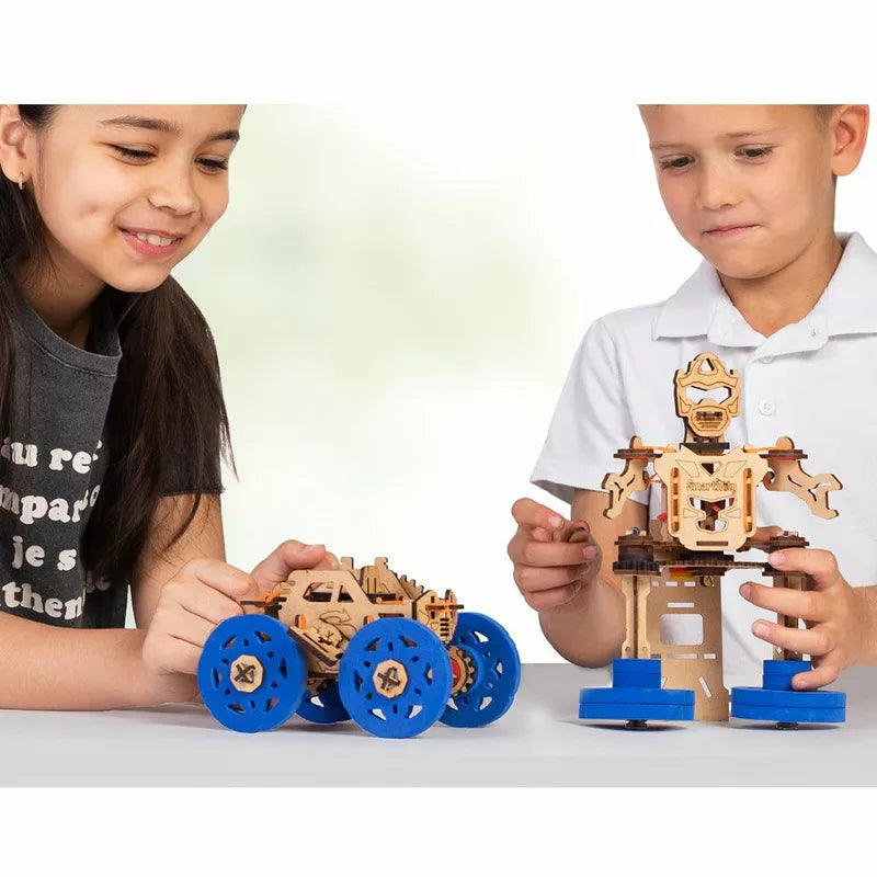 Two children playing with Smartivity STEM Construction Roboformers, exploring STEAM concepts.
