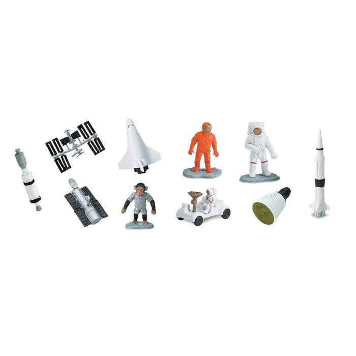 a collection of TOOBS® Figurines Space Bulk Pack astronauts, spaceships and rockets.