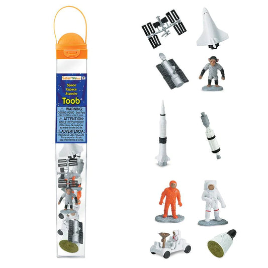 a TOOB® Figurines Space set with astronauts, spaceships, and rockets.
