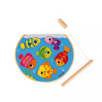 A colorful wooden Janod Speedy Fish Puzzle Magnetic Game for toddlers featuring magnetic fishing rods and various cheerful fish shapes.