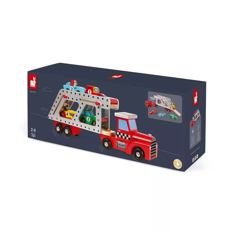 A Janod 4 Cars Transporter Lorry with a toy fire truck and a fire truck.