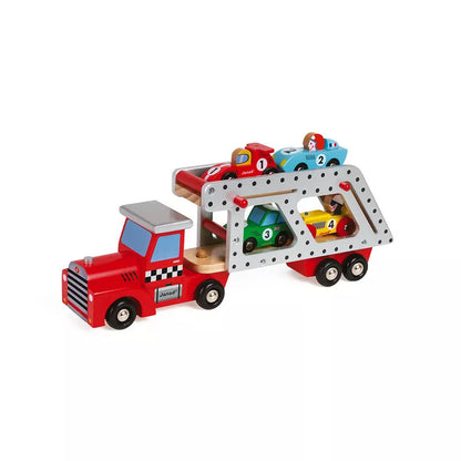 A red Janod 4 Cars Transporter Lorry carrying a toy race car.