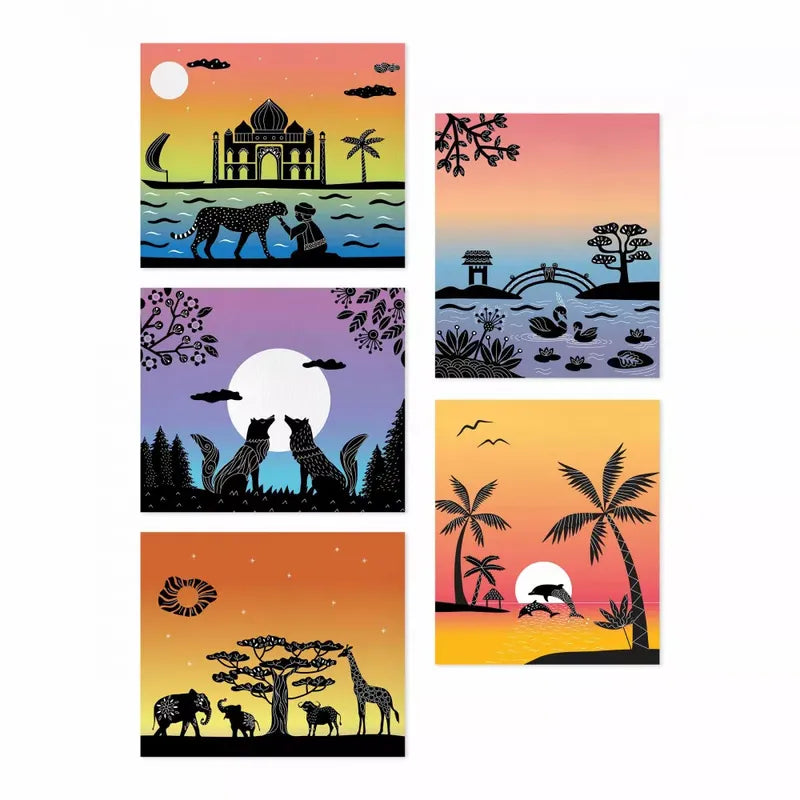 The Janod Sunset Lover collection comprises five vibrant landscape artworks, each spotlighting silhouettes of various animals and nature scenes against colorful gradient backgrounds. This series, perfect for a children's art kit, includes captivating images featuring tigers, foxes, elephants, giraffes, and a stunning sunset with palm trees.