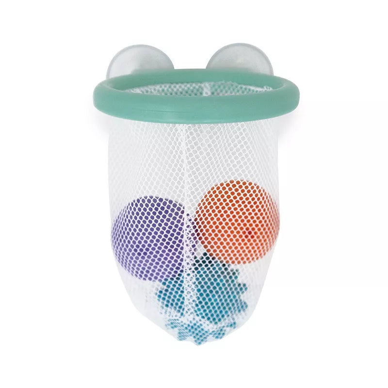 A Janod Tacti'Basket Bath Toy with two balls inside of it.