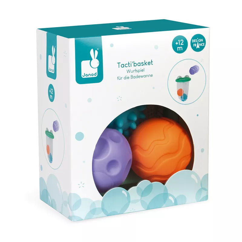 A Janod Tacti'Basket Bath Toy with two balls inside of it.