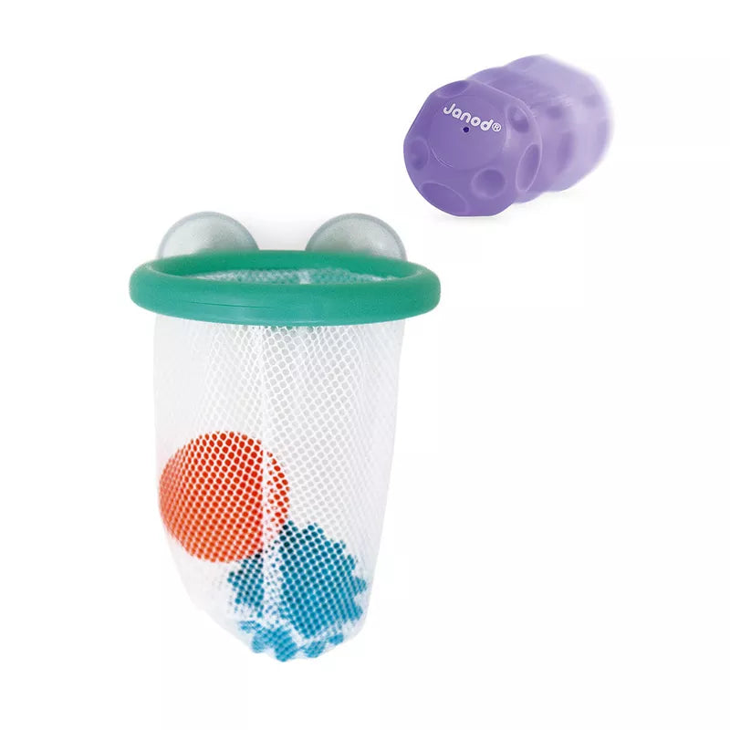 A couple of Janod Tacti'Basket Bath Toys are in a mesh bag.