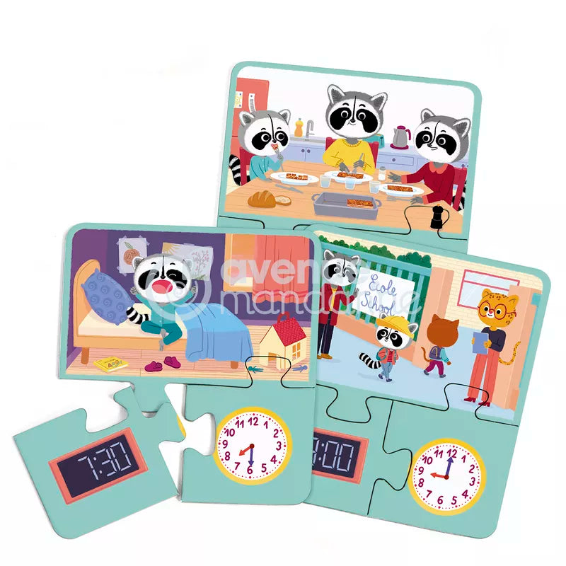 a group of Educational Learn to tell the time puzzles with raccoons on them.