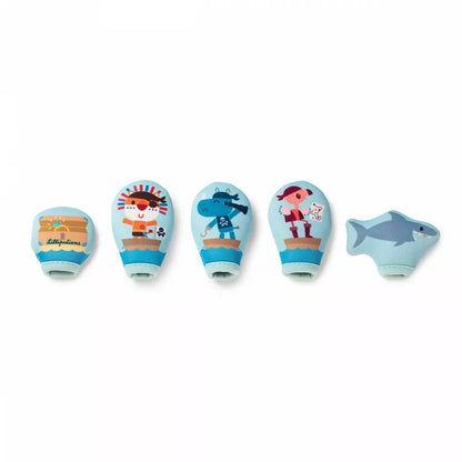 A set of four Pirates Bath Finger Puppets with pictures of animals on them.