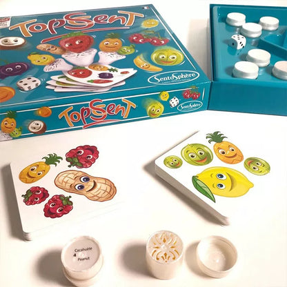 Sentosphere Topscent Smelling Game is a board game that engages players' sense of smell with fruit and vegetables on it.