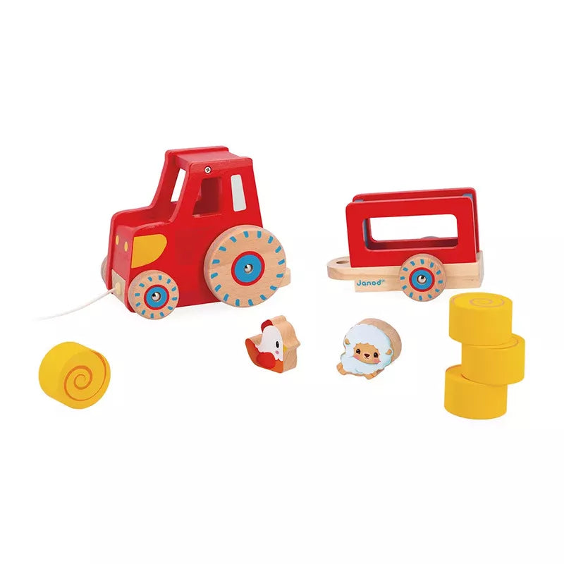 Colorful wooden toy farm pull along tractor with detachable parts, accessories, and animal figures.