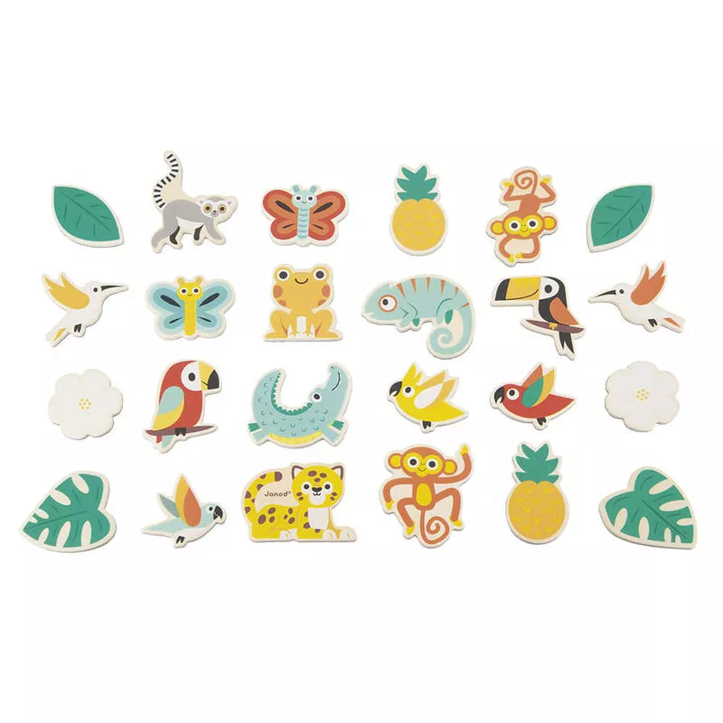 A bunch of Janod 24 piece Tropical Magnets set that are on a white surface.