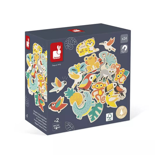 A Janod 24 piece Tropical Magnets set with a bunch of stickers on it.