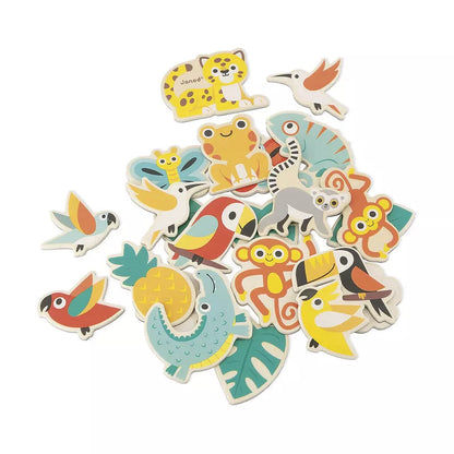 A pile of Janod 24 piece Tropical Magnets set with animals on them.
