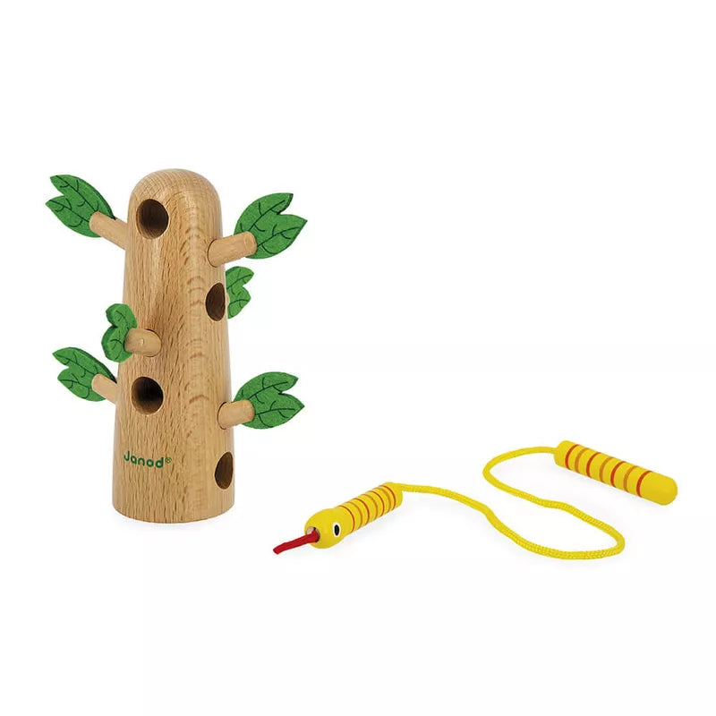 A Janod Tropical Lace-up Tree toy with green leaves on it and yellow lacing thread beside it.