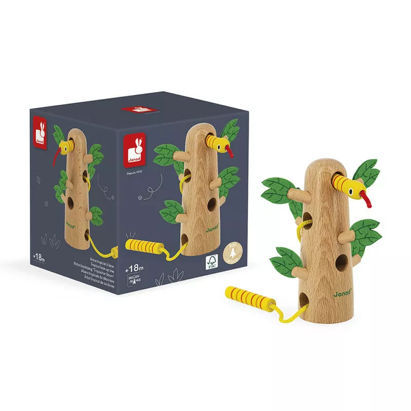 Box of Janod Tropical Lace-up Tree toy with a bird on it.