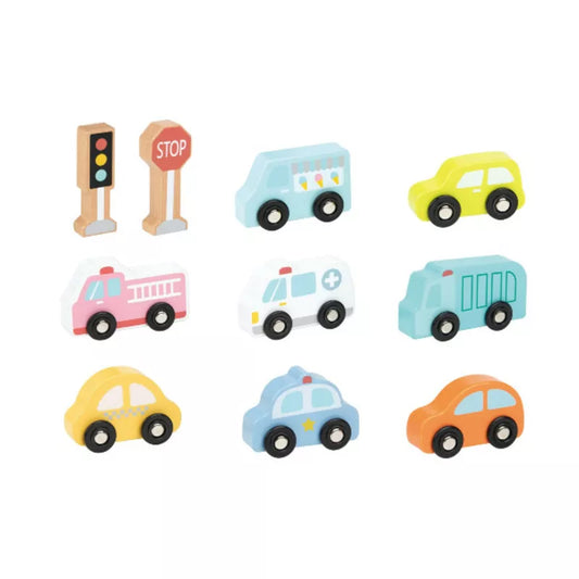A group of New Classic Toys Vehicle set in Wooden Box sitting next to each other.