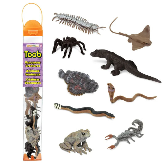 A collection of TOOB® Figurines Venomous Creatures representing various venomous animals including a centipede, spider, stingray, lizard, snake, frog, and scorpion, displayed with their packaging.