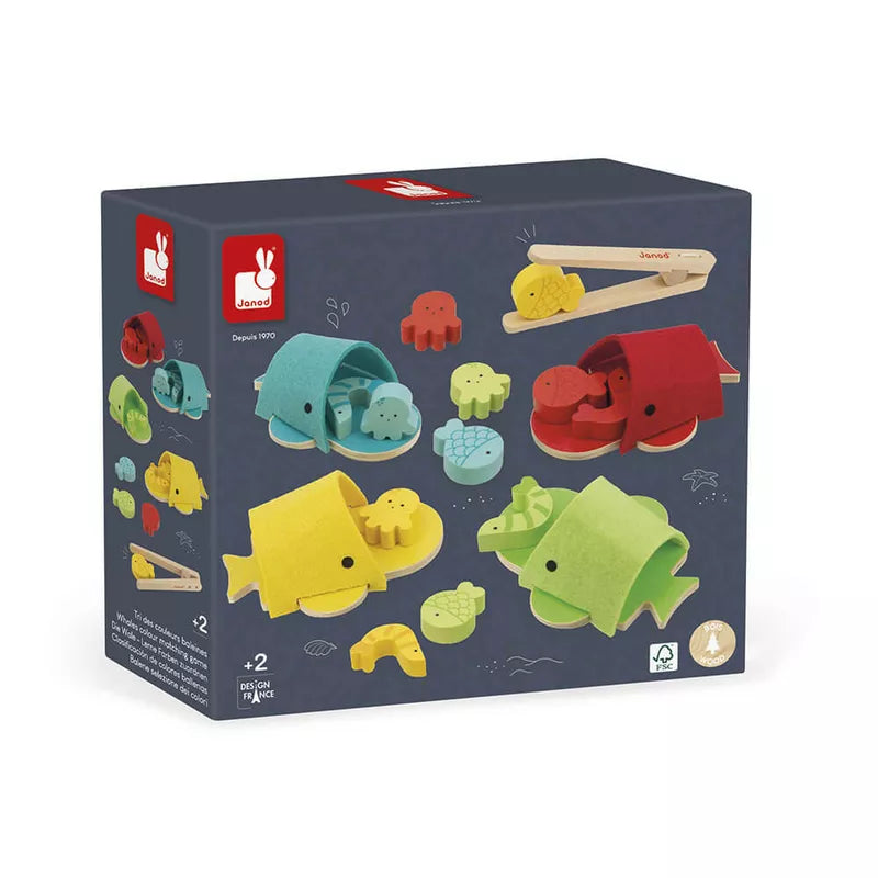 A Janod Whales Colour Matching Game with animals on it.