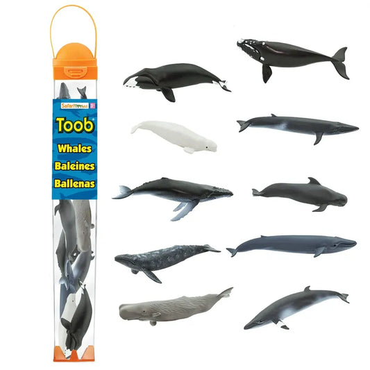 A collection of TOOB® Figurines Whales from safari ltd., featuring various species displayed vertically in two rows against a white background, with packaging on top.