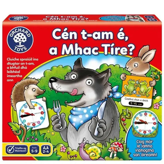 The Orchard Toys What's The Time Mr Wolf? (Irish Language Version) is a colorful children's board game box that showcases a cartoon wolf holding a clock, accompanied by other animals such as a rabbit and a frog. The title is in Irish, featuring vibrant illustrations and a playful design perfect for ages 5-9.