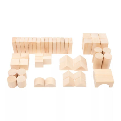 A bag of Wooden Building Blocks natural 50-pack on a white background.