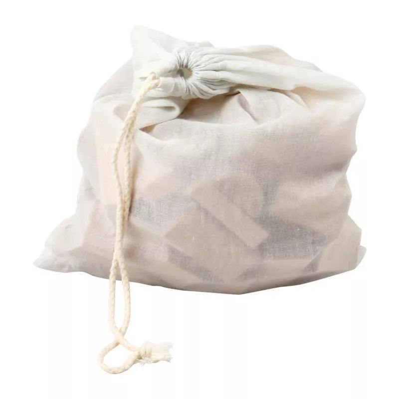 A white bag with a knot on it --> A Wooden Building Blocks natural 50-pack in bag with a knot on it.