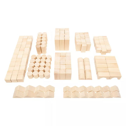 A group of Natural Wooden Building Blocks (200) sitting on top of each other.