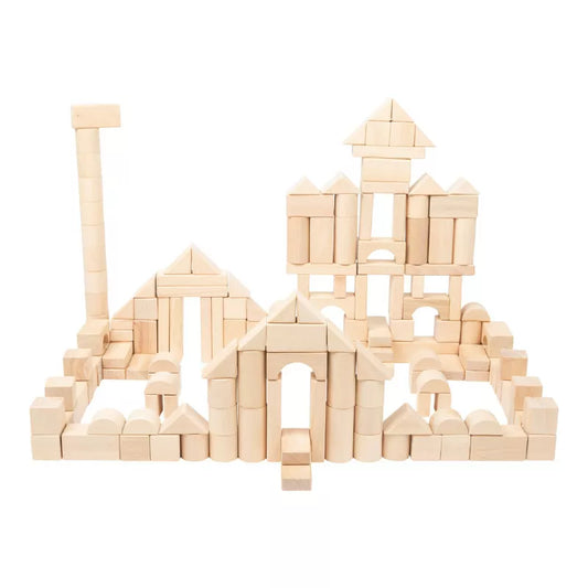 A group of Natural Wooden Building Blocks (200) stacked on top of each other.