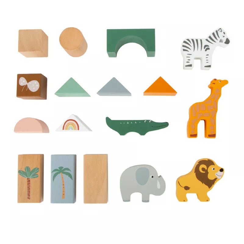 A collection of Wooden Building Blocks "Safari" including a giraffe, zebra, and other animals.