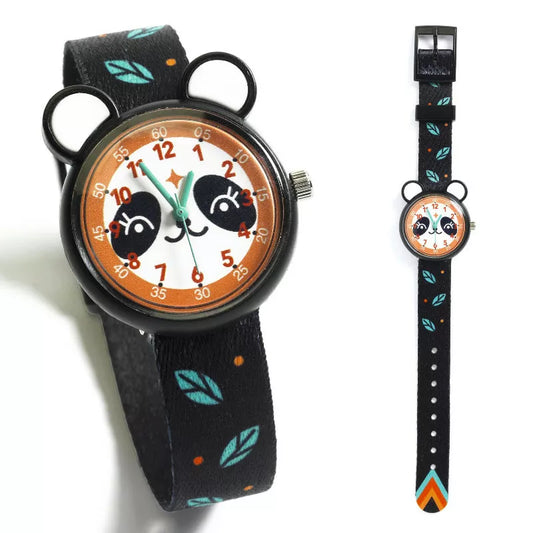 A Djeco Watch Panda and a wrist watch are on a white surface.