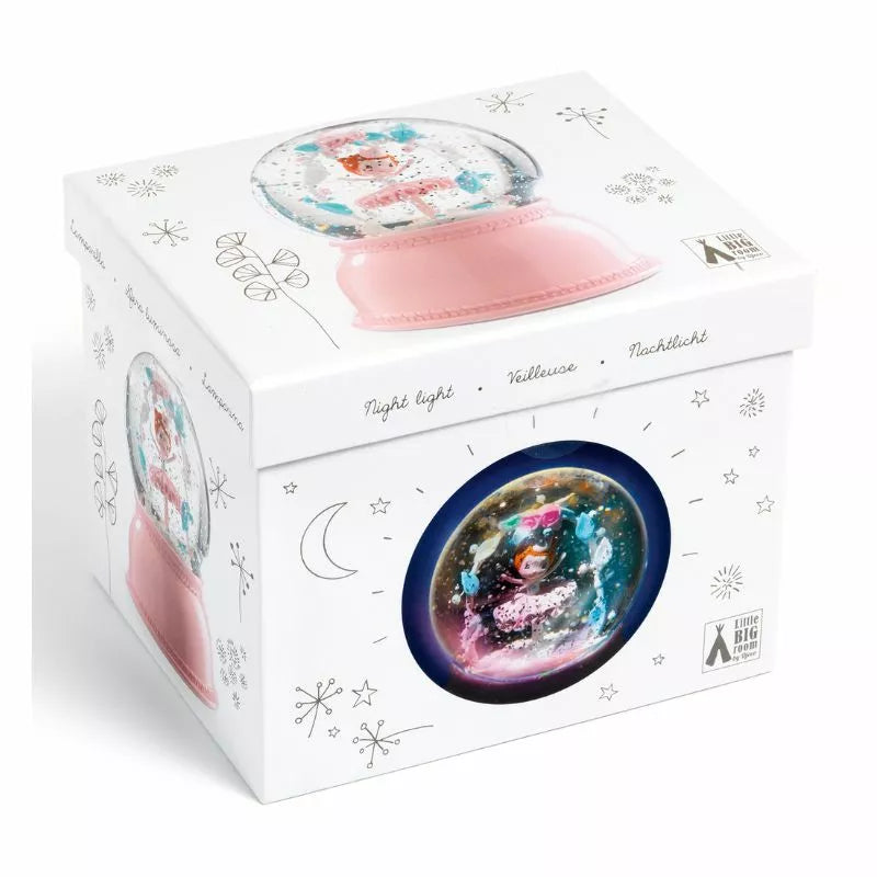 A box with a picture of a Djeco Snow Ball Nightlight Ballerina inside of it.