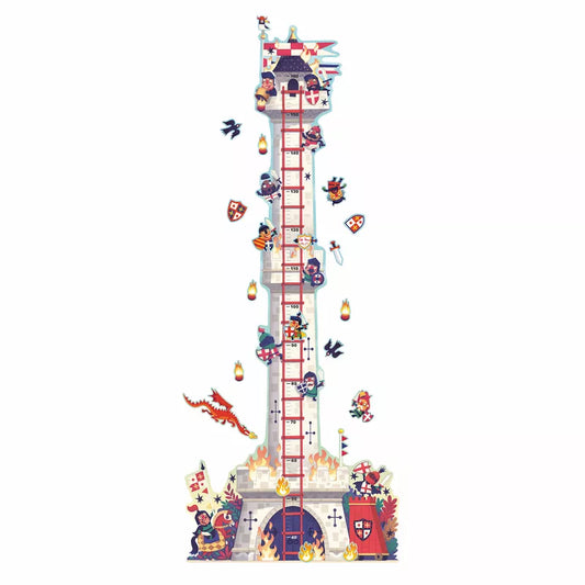 A tall tower with characters on it from the Djeco Knight's Tower Height Chart.