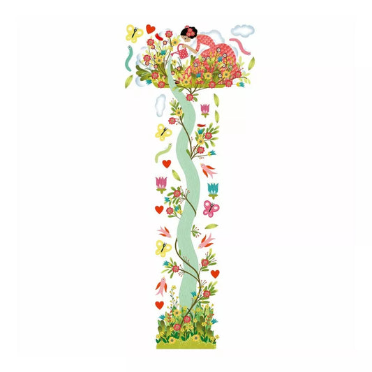 A Djeco Young Girl in the Garden Height Chart tower with flowers and birds on it.