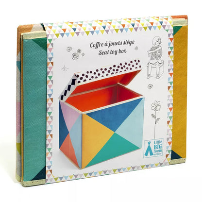A Djeco Seat Toy Box Geometry with colorful box inside of it.