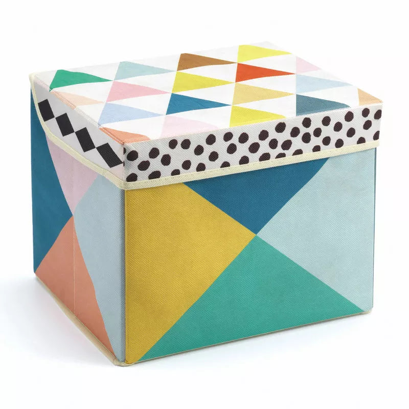 A Djeco Seat Toy Box Geometry with a polka dot lid.