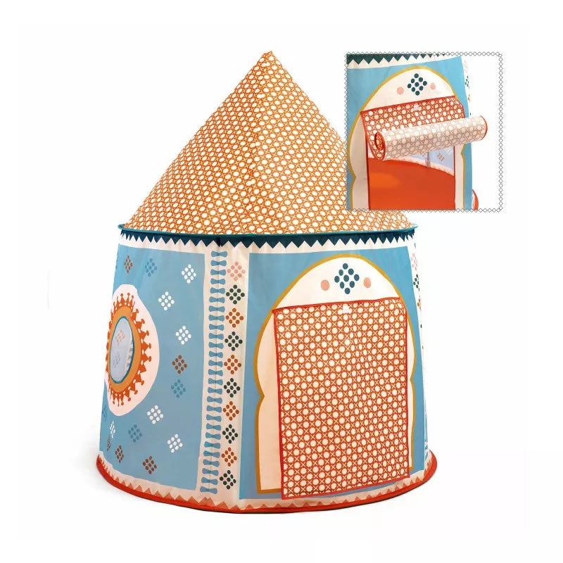 A small blue and orange Djeco Oriental Tent with a red roof.