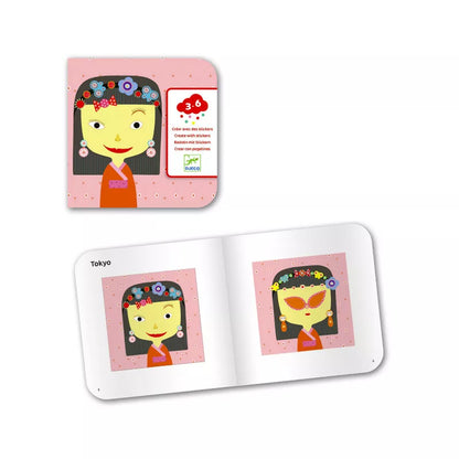 A Djeco Create with Stickers All different book with a picture of a girl on it.