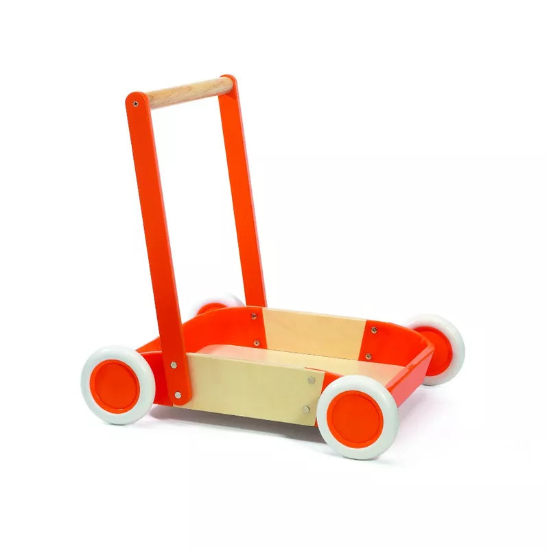 A red and white Djeco Baby Walker Trott’it! on a white background.