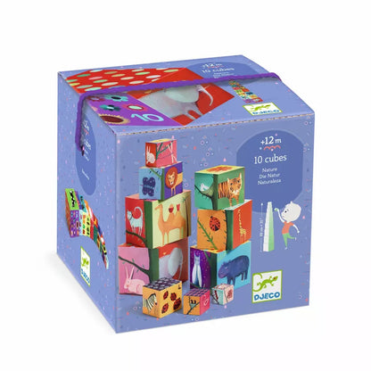 A blue Djeco box with Djeco Nature and Animals Blocks inside of it.