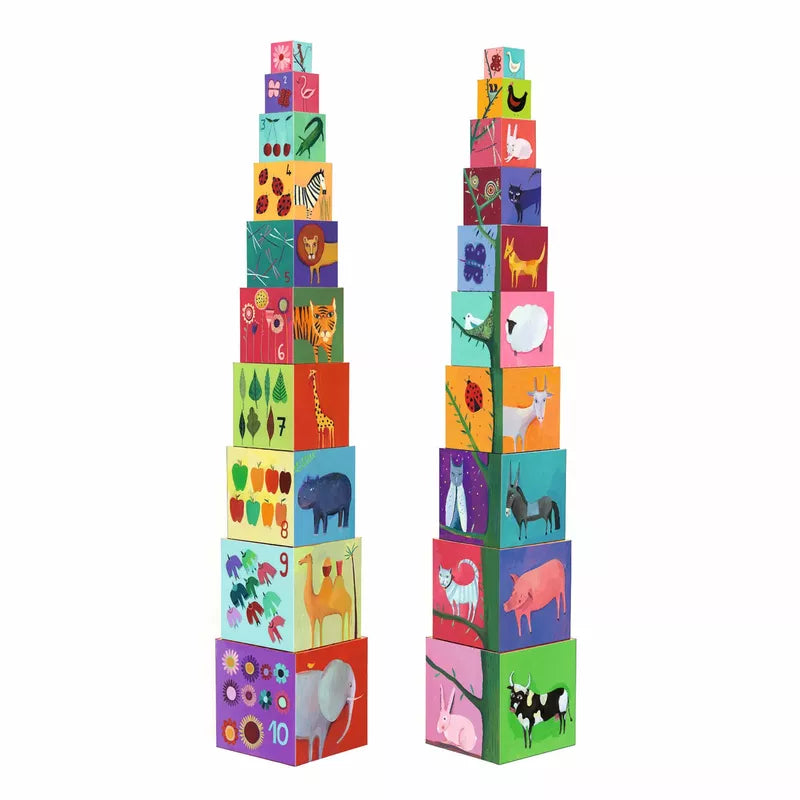 A tall tower of Djeco Nature and Animals Blocks.