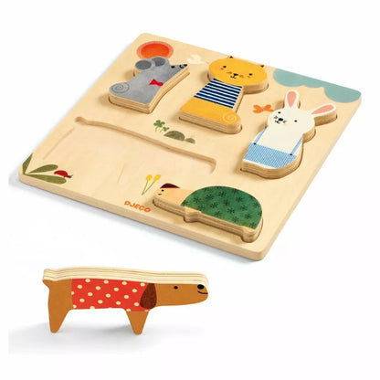 A Djeco wooden puzzle with Woodypets on it.