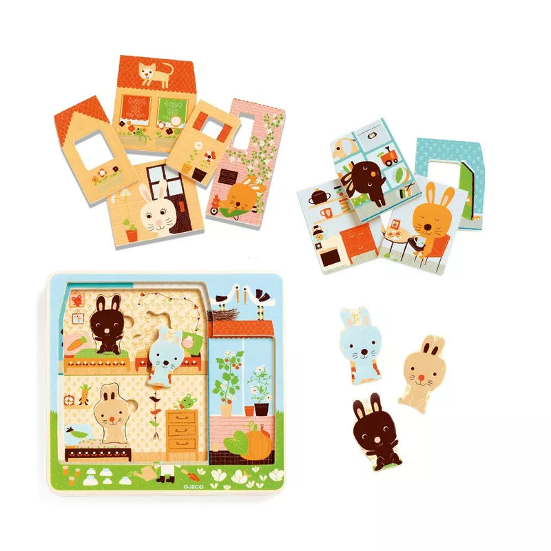 A group of Djeco Chez Carrot 3 layers puzzles with animals on them.