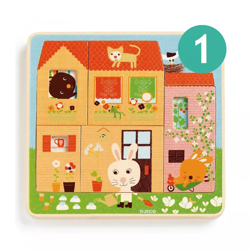 A Djeco Chez Carrot 3 layers Puzzle with a picture of a house.