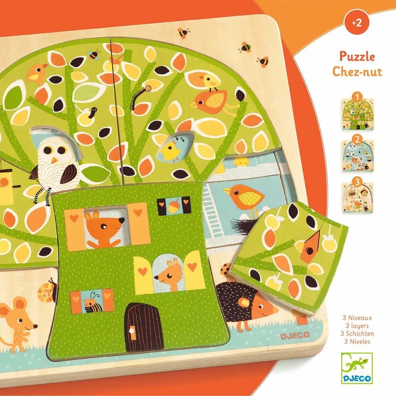 A picture of a Djeco Chez Nut 3 layers Puzzle with animals on it.