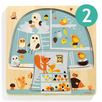 A Djeco wooden puzzle with a picture of animals, specifically the Chez Nut 3 layers Puzzle.