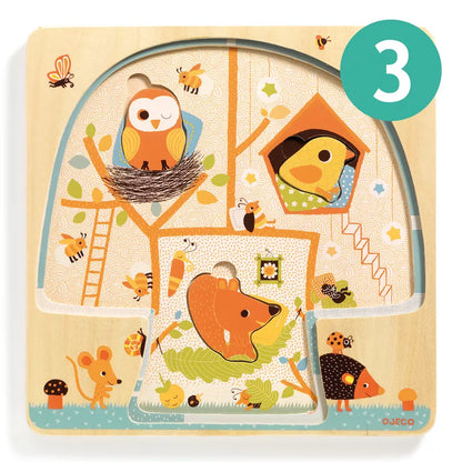 A Djeco Chez Nut 3 layers Puzzle with three different animals on it.