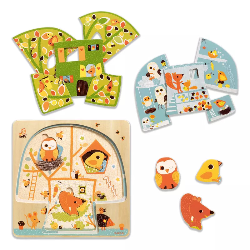 A group of Djeco wooden toys including the Djeco Chez Nut 3 layers Puzzle.