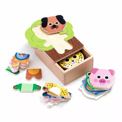 A Djeco Wooden Puzzle Arbramix with animals and a dog in a box.