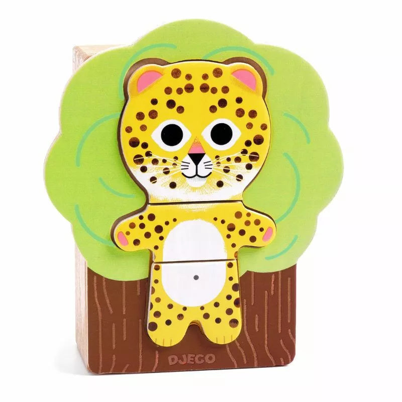 A Djeco Wooden Puzzle Arbramix with a leopard on top of a tree.