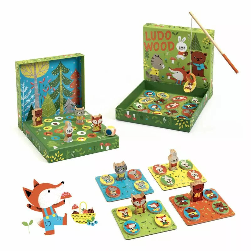 A Djeco LudoWood - 4 Games box with animals in it.